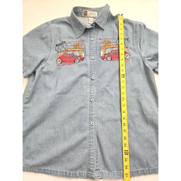 Vintage‎ Passion-I EUC Route 66 Short Sleeve Denim Women Shirt Hot Rod Medium - Picture 2 of 11